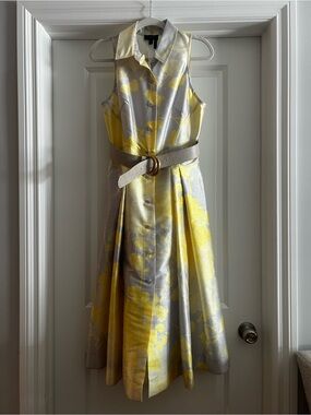 DKNY Yellow and Silver Floral Midi Dress with Belt
